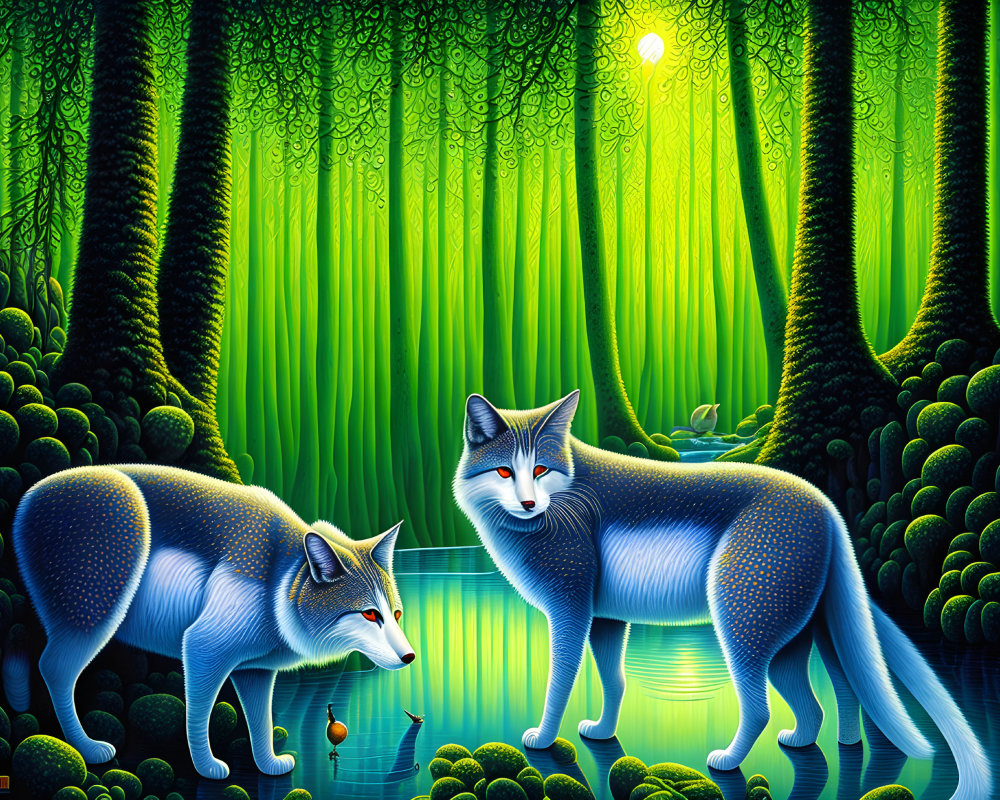 Stylized blue foxes in vibrant forest with glowing sun