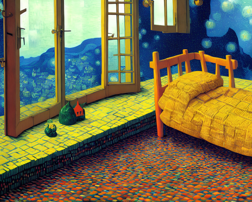 Whimsical room with Starry Night-themed decor and tiny green house