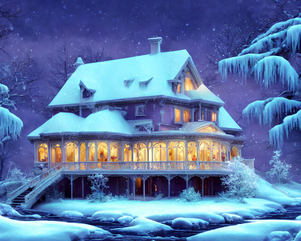 Victorian-style House Glowing in Snowy Twilight