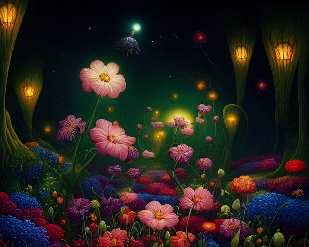 Colorful surreal garden with luminescent flowers and floating jellyfish creatures
