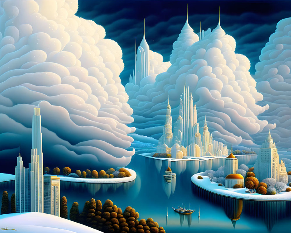 Futuristic surreal cityscape with floating islands and skyscrapers