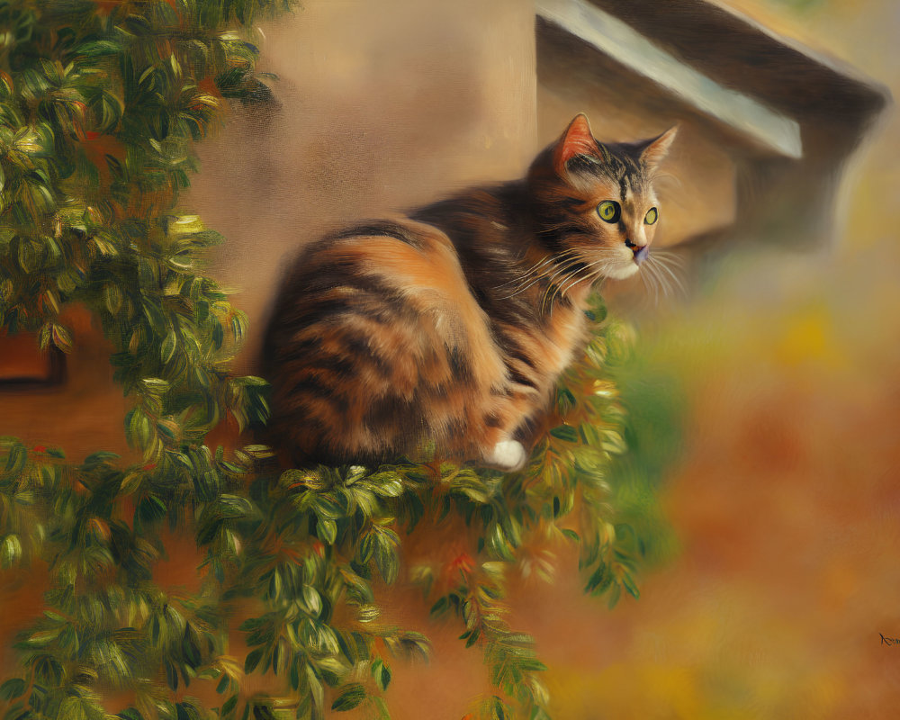 Calico Cat with Green Eyes Sitting on Ledge Beside Leafy Plant