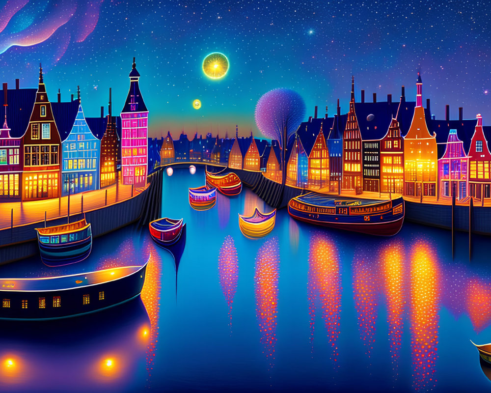 Colorful canal scene with boats, buildings, and starry sky reflected in water