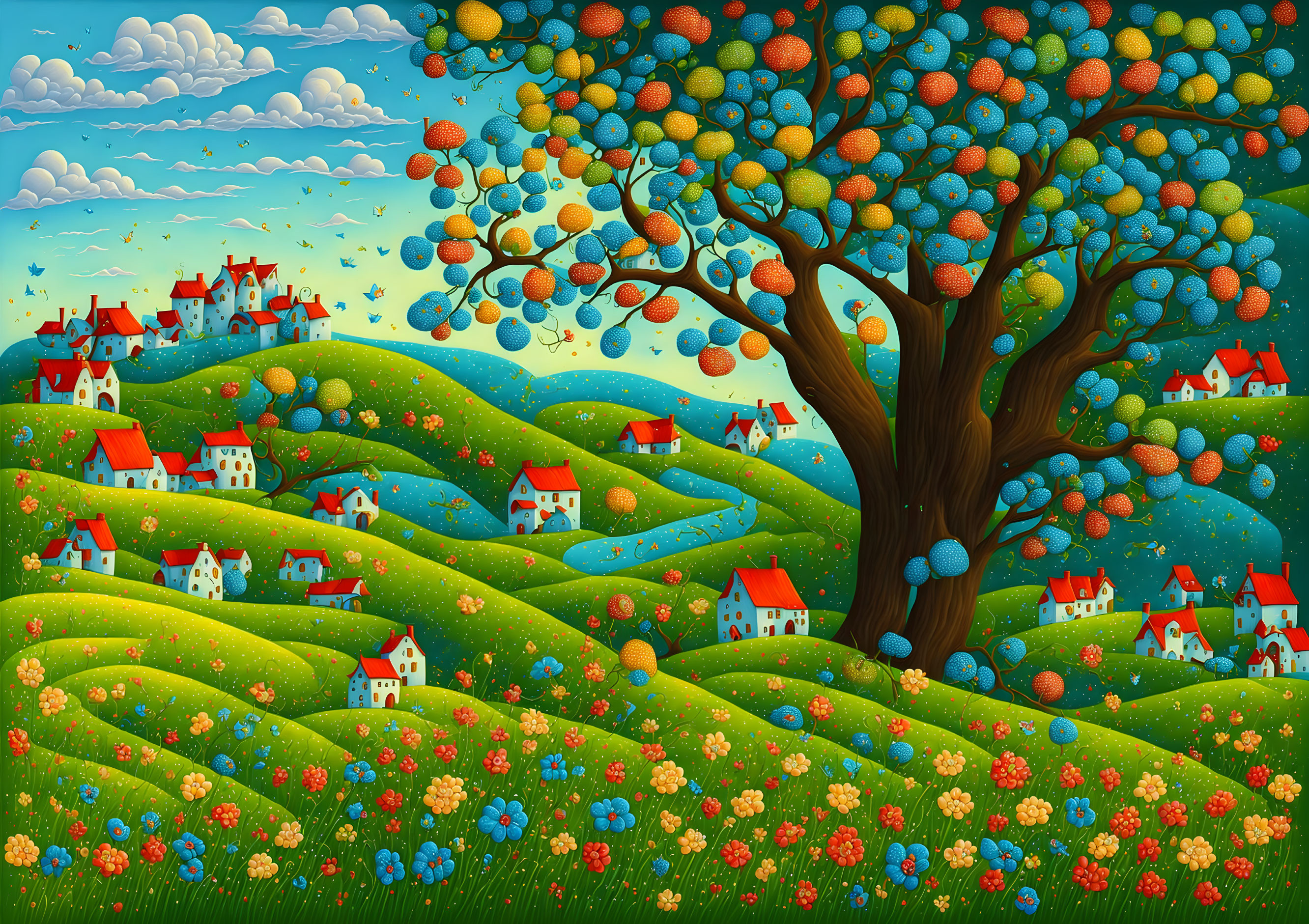 Colorful landscape with green hills, vibrant tree, cottages, river, and birds in blue sky
