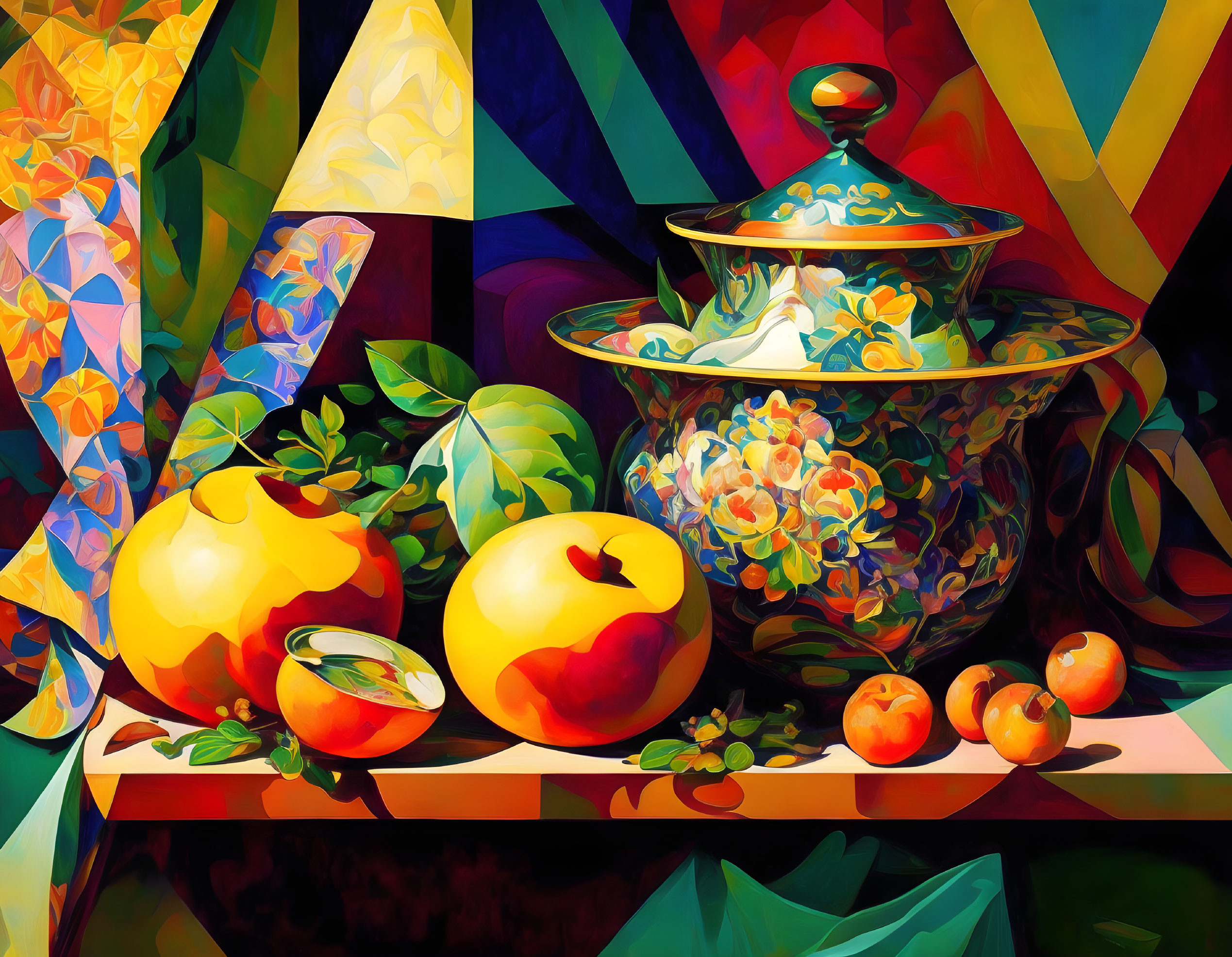 Cubist still life with fruit and china