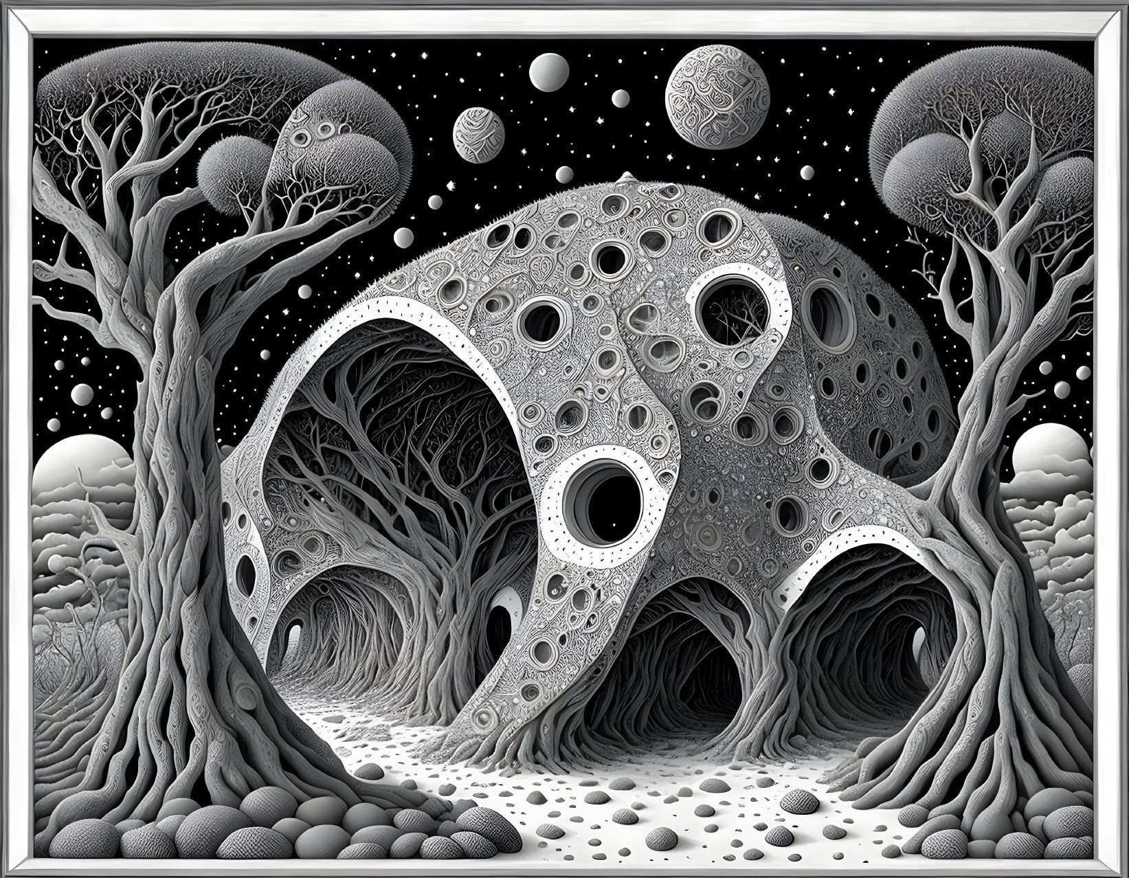 Monochrome surreal illustration of fantastical landscape with cratered structures and spherical entities and peculiar trees.
