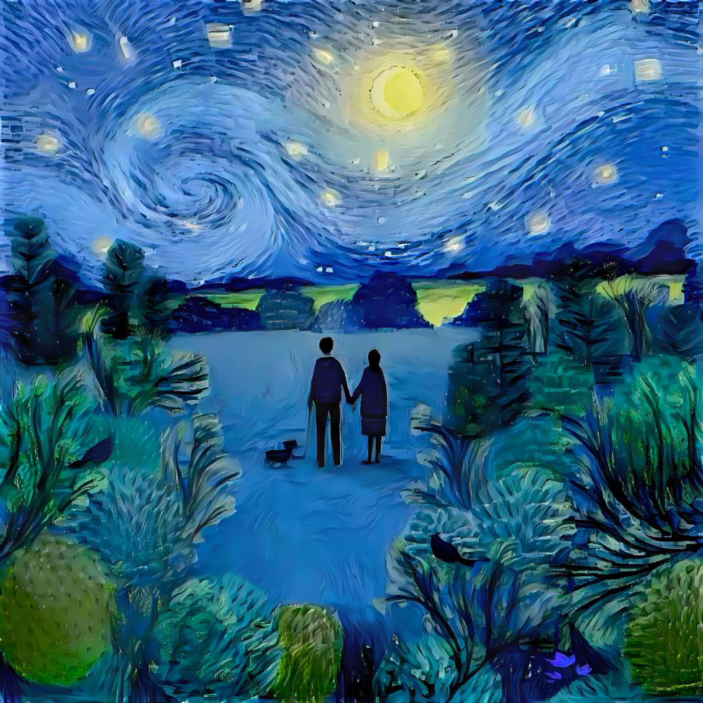 Naive Art view of a couple in Starry Night style