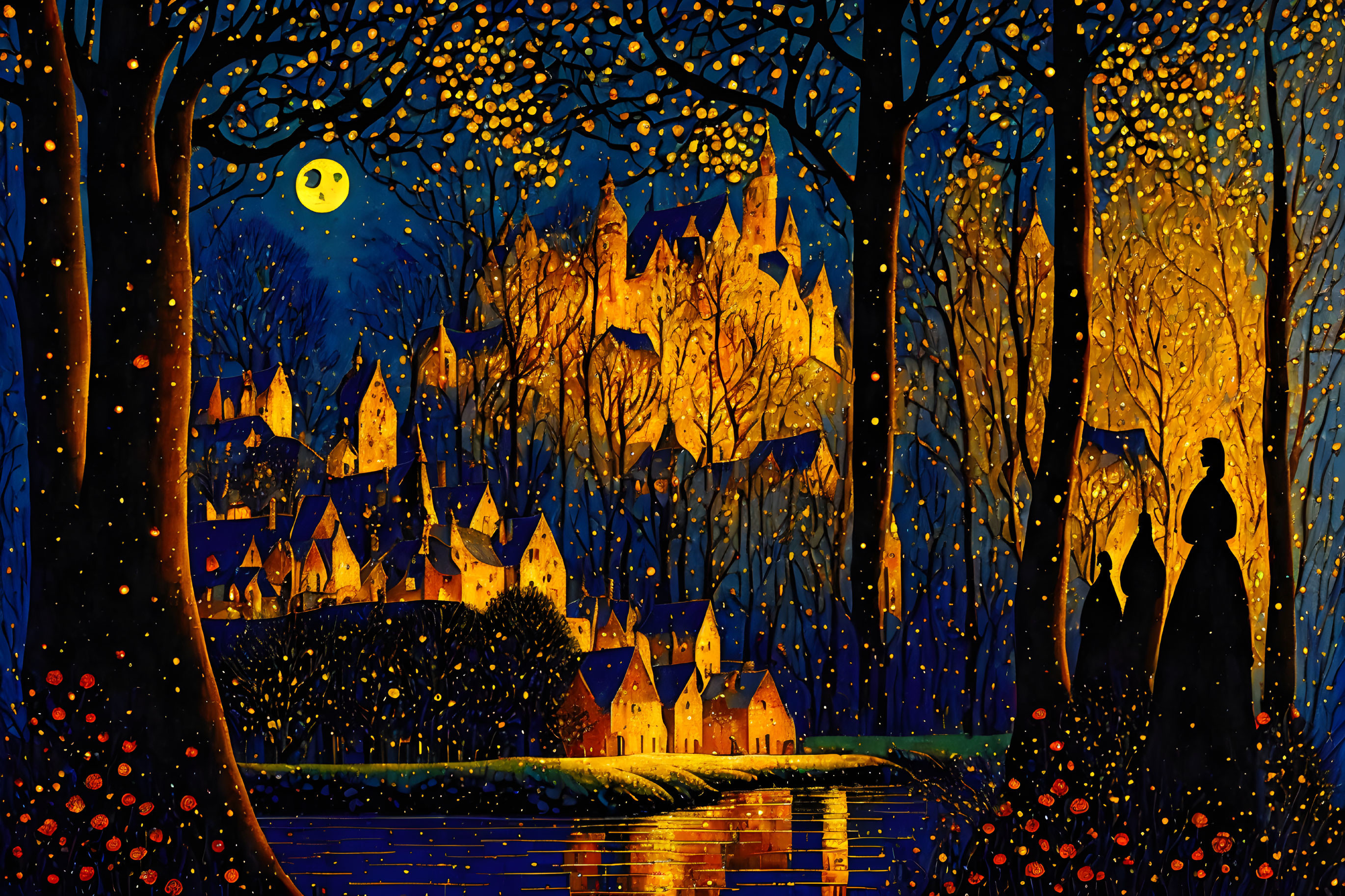 Fantastical painting of illuminated village at night with crescent moon, starry sky, and sil