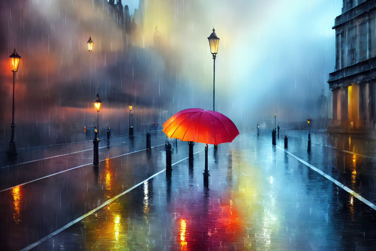 Vibrant red umbrella on rain-soaked street with reflections and street lamps