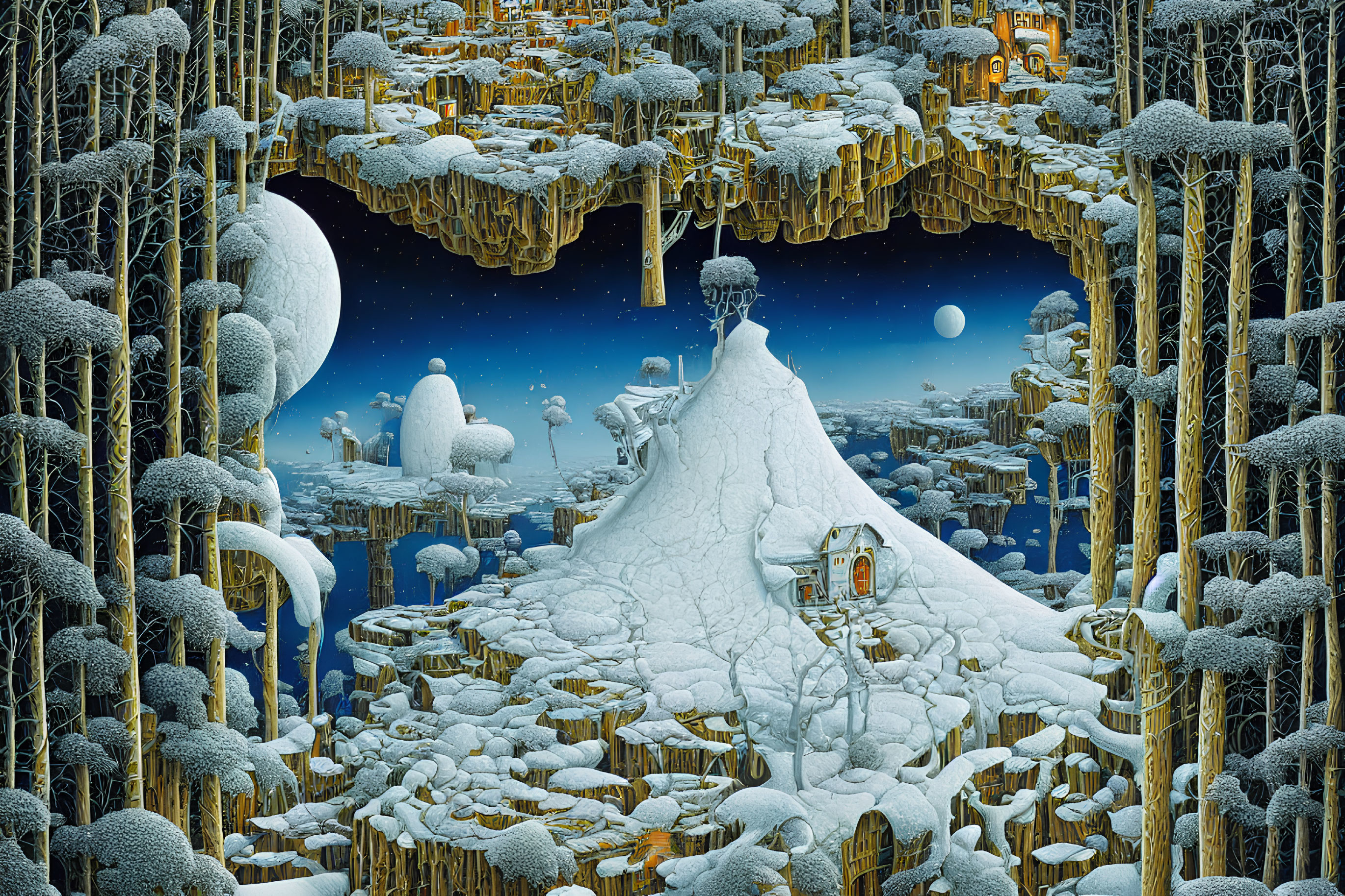 Snow-covered mountain in surreal winter landscape surrounded by intricate trees and buildings under multiple moons