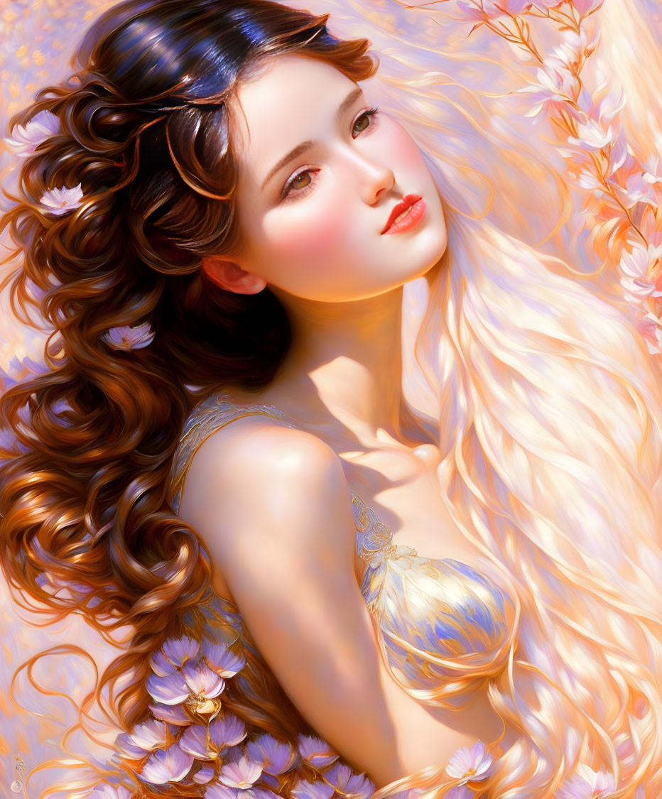 Woman with flowing hair and flowers in soft pastel-colored setting