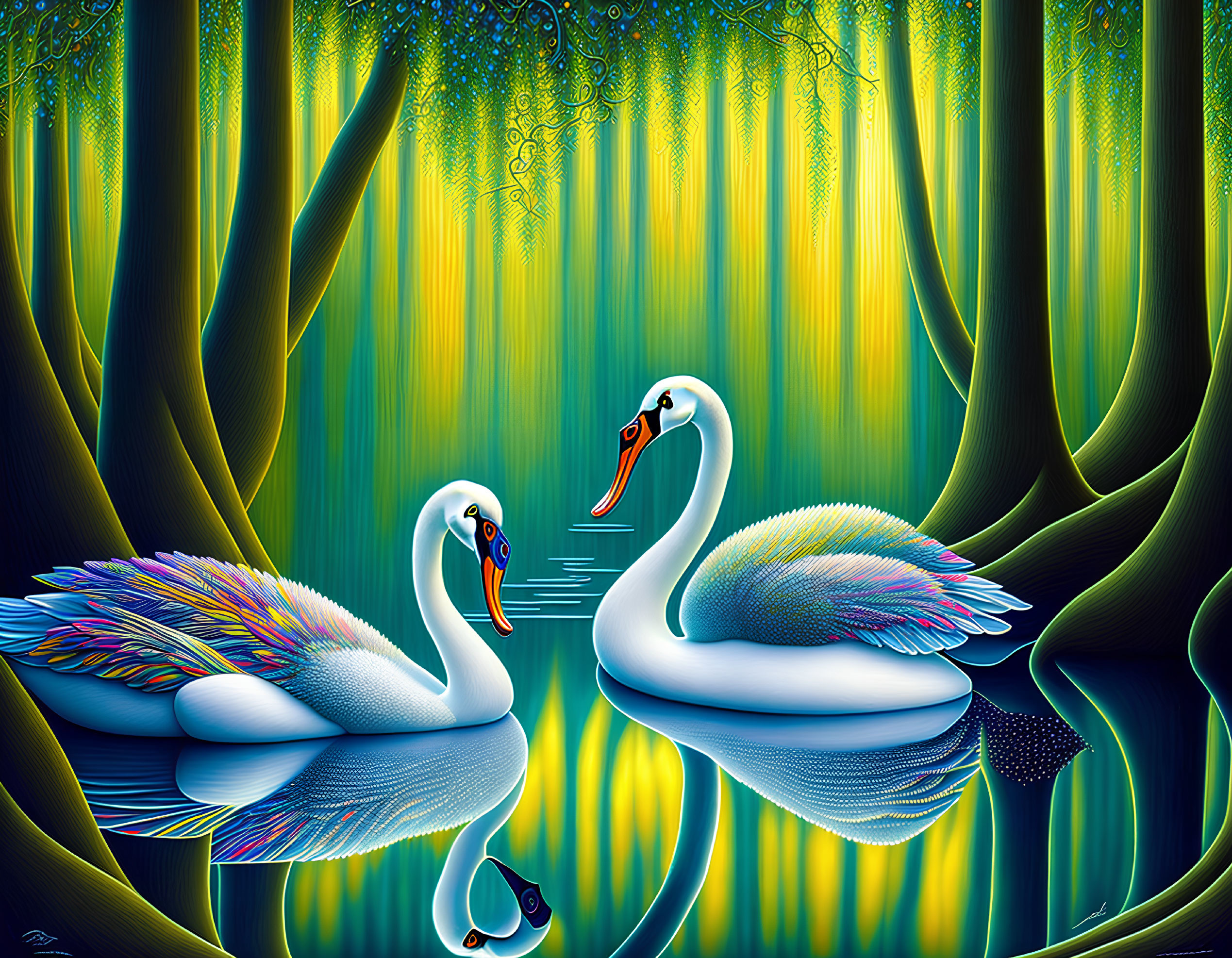 Vibrant swans on reflective water in colorful forest