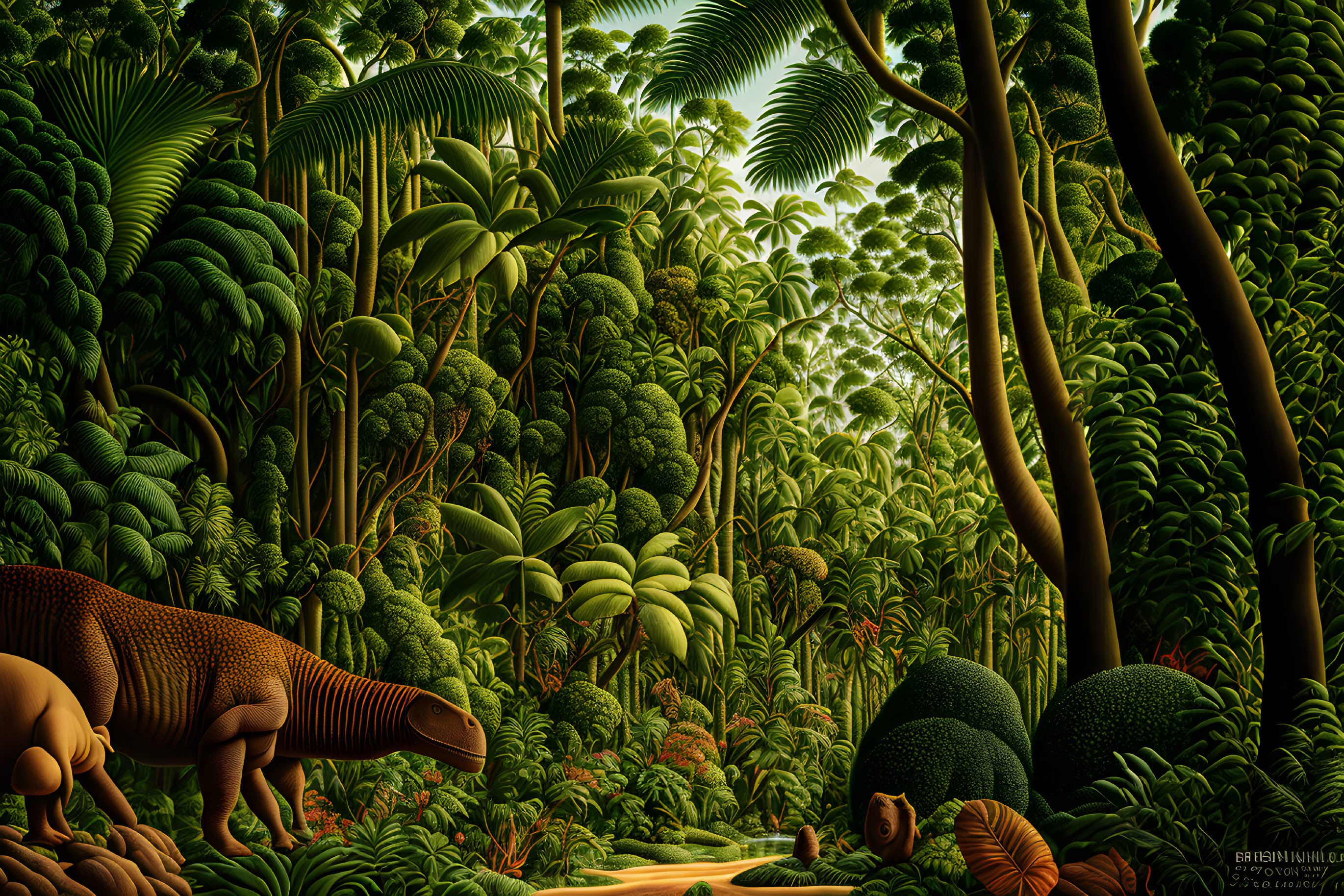 Lush Green Jungle Scene with Dinosaurs and Stream