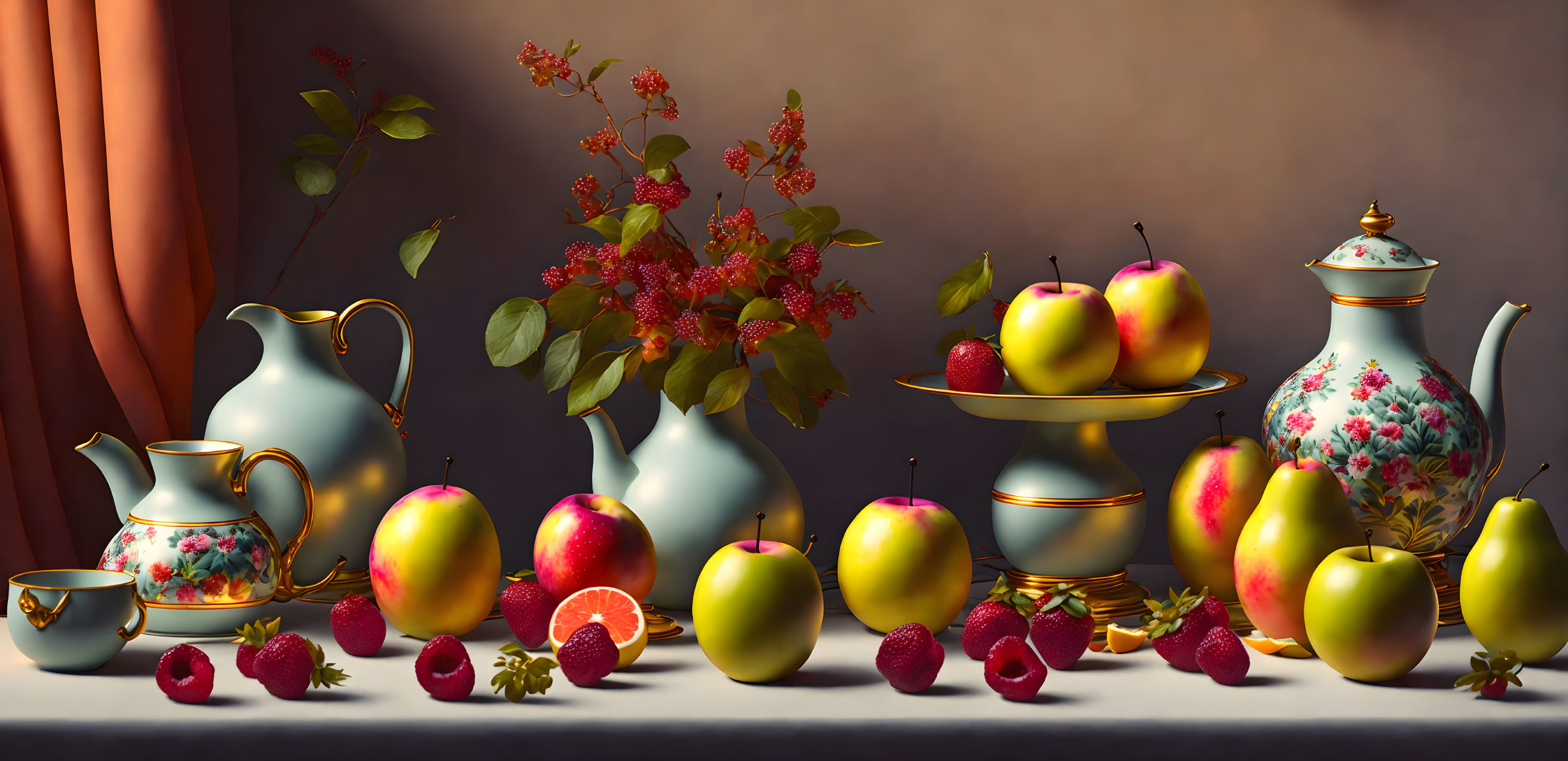 Still life with fruit and china