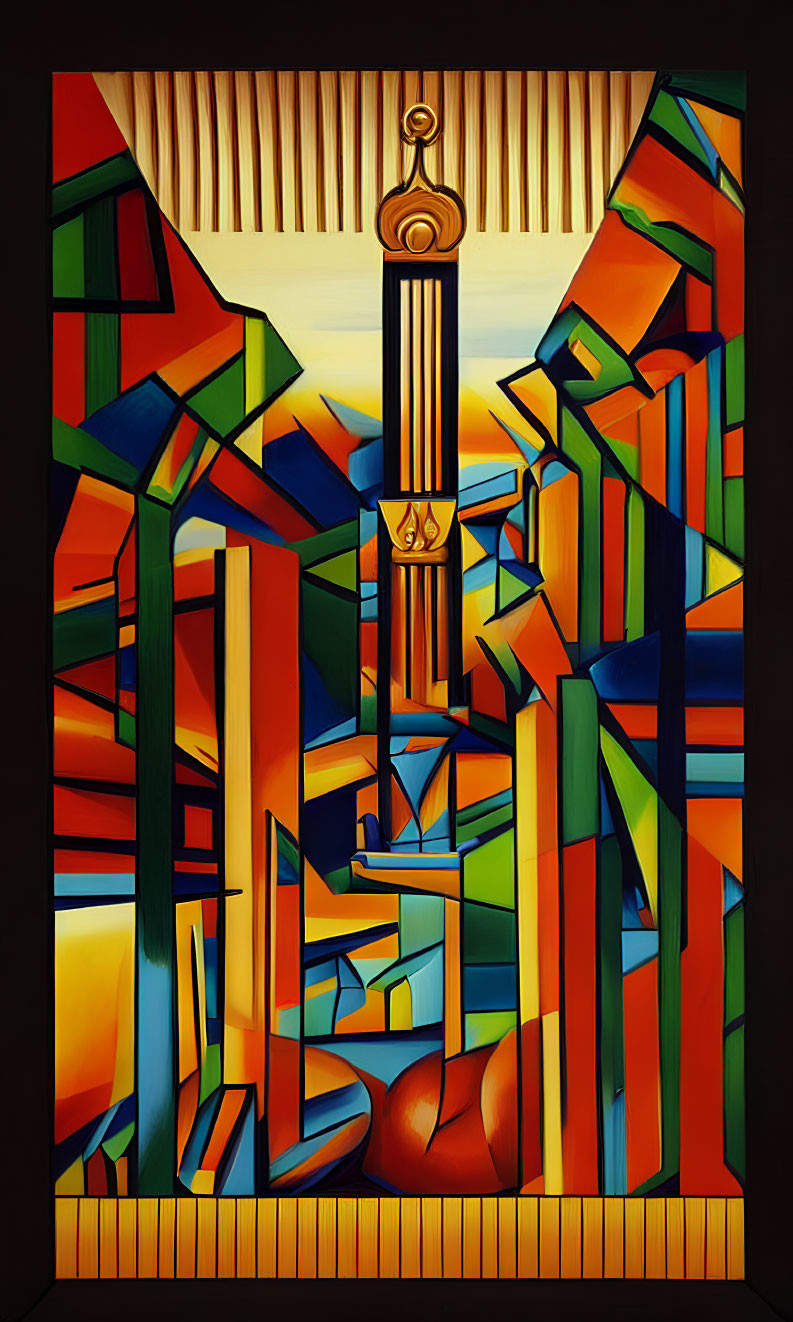 Abstract Geometric Shapes in Warm Tones Stained Glass Window