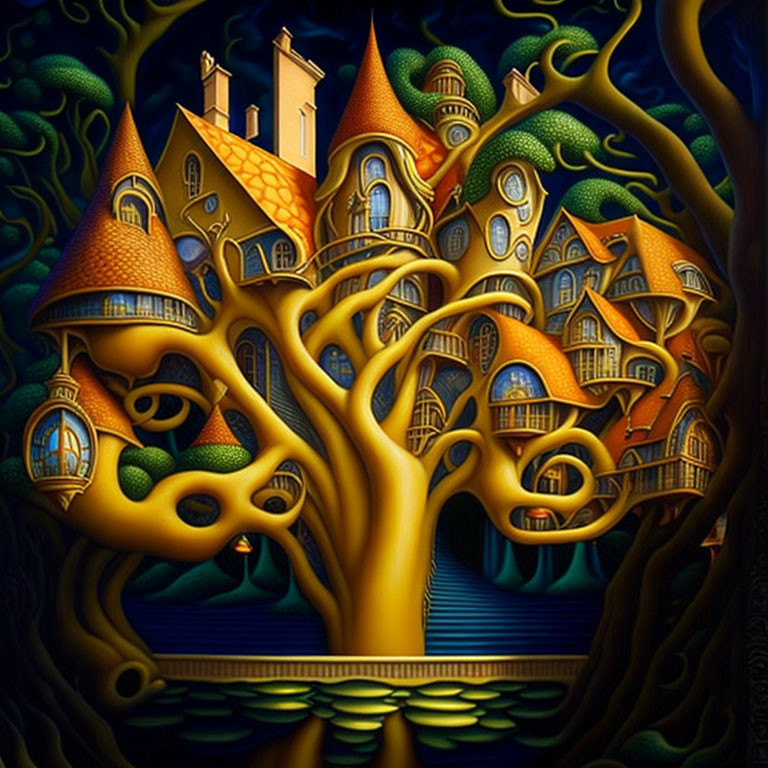 Surreal tree illustration with houses, warm colors