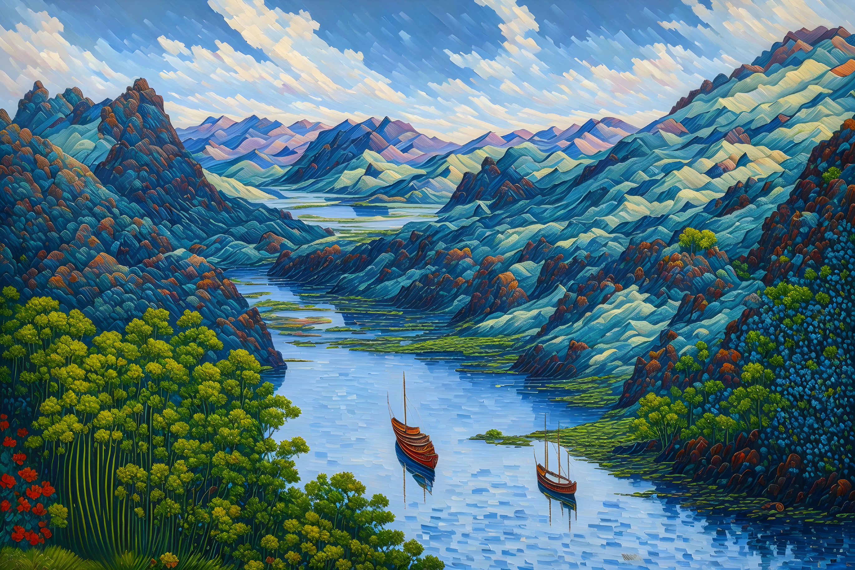 Lake with boats and mountains 