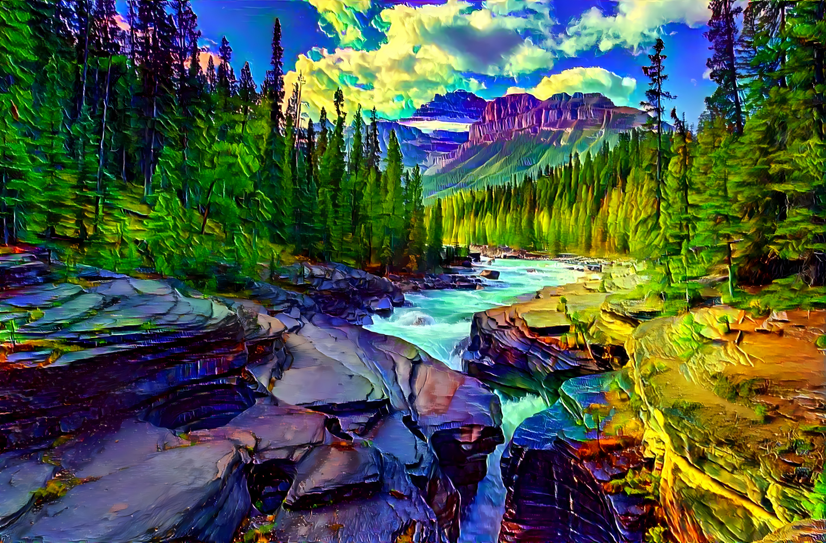 Rocky river, forest and mountains