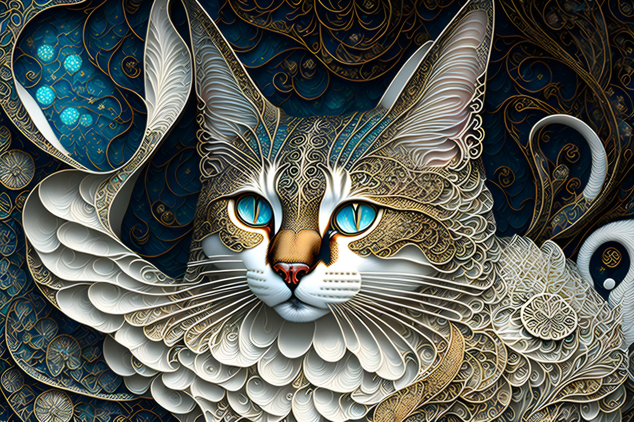 Stylized cat digital artwork with turquoise eyes on dark blue and gold background