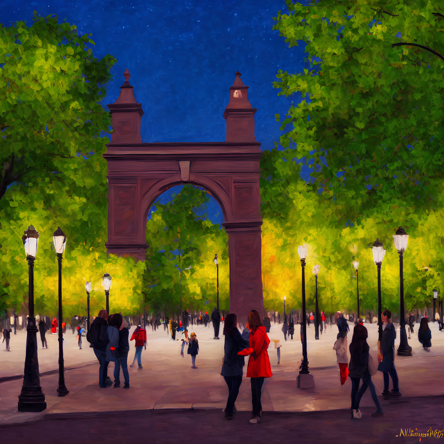 Colorful painting of people in park with green trees, arch, and street lamps