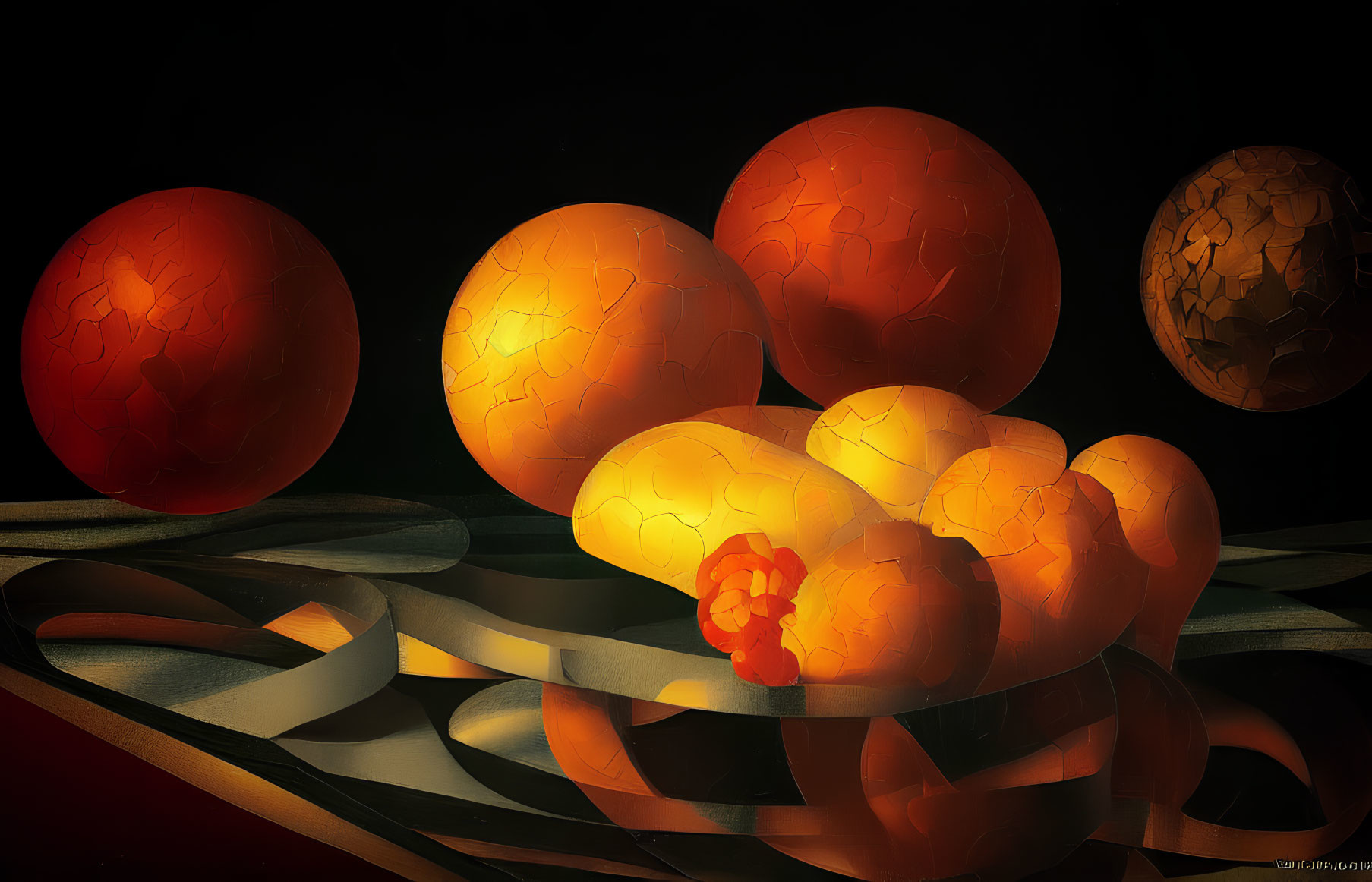 Cracked orange orbs on reflective surface with swirling grey ribbon