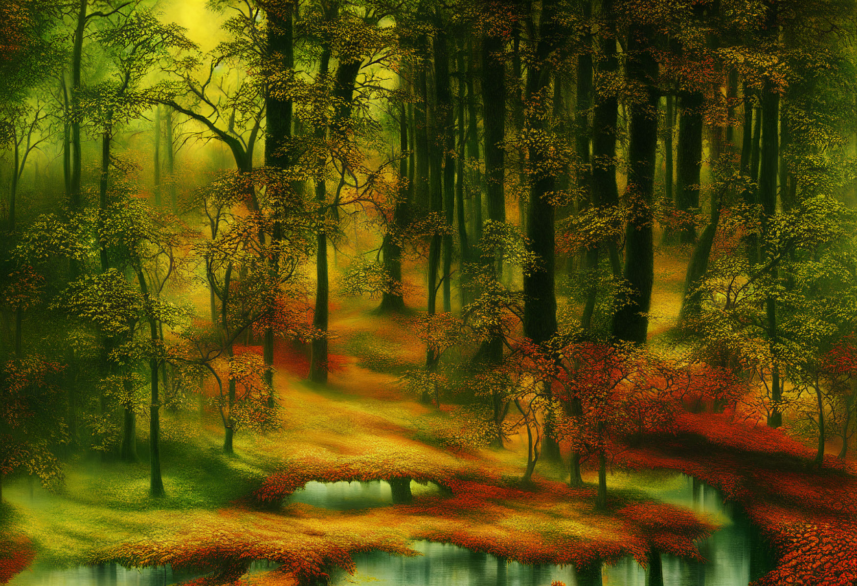 Colorful Autumn Forest Scene with Pond and Sunlight
