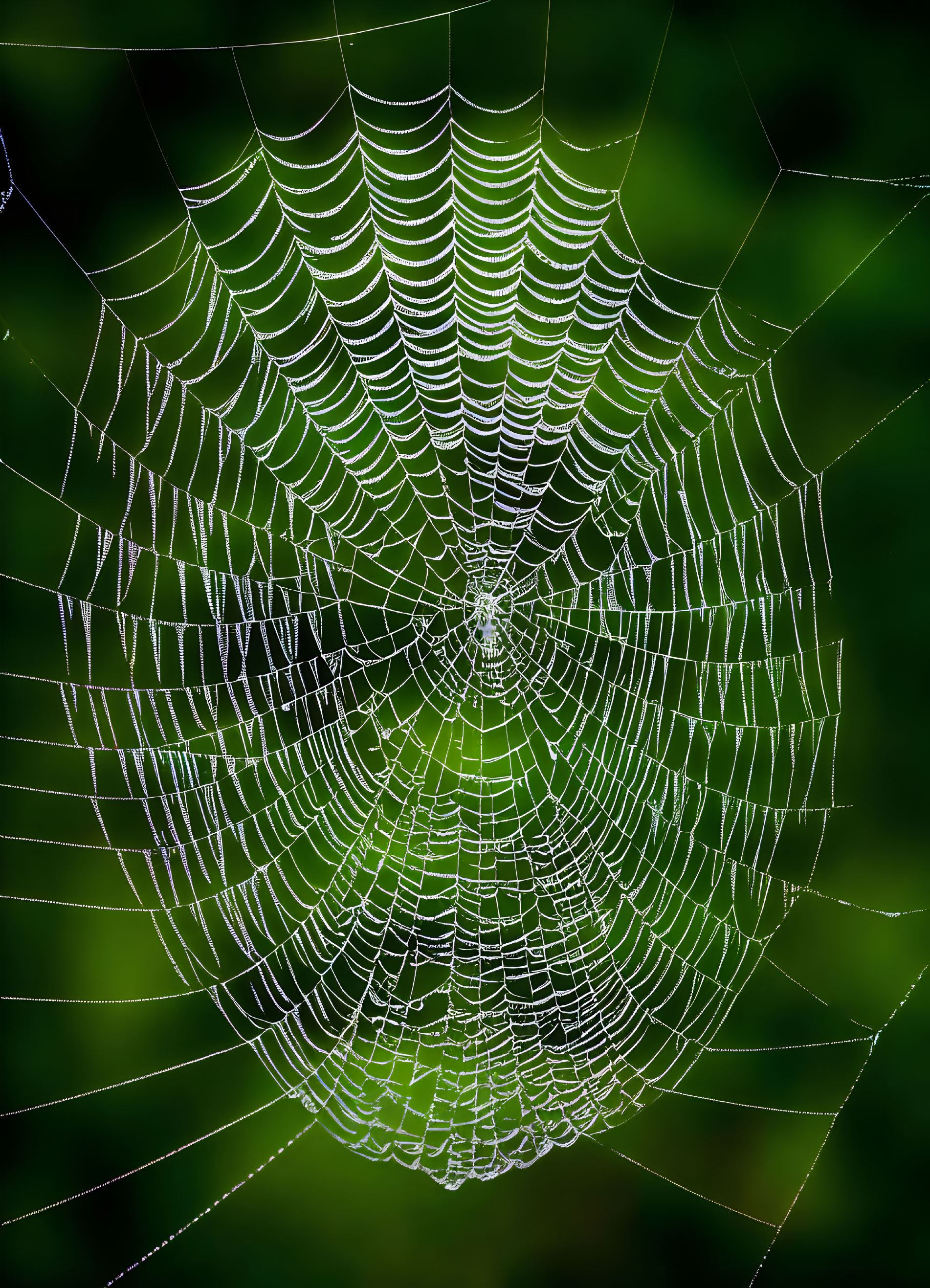 Dew-Covered Spiderweb on Blurred Green Background