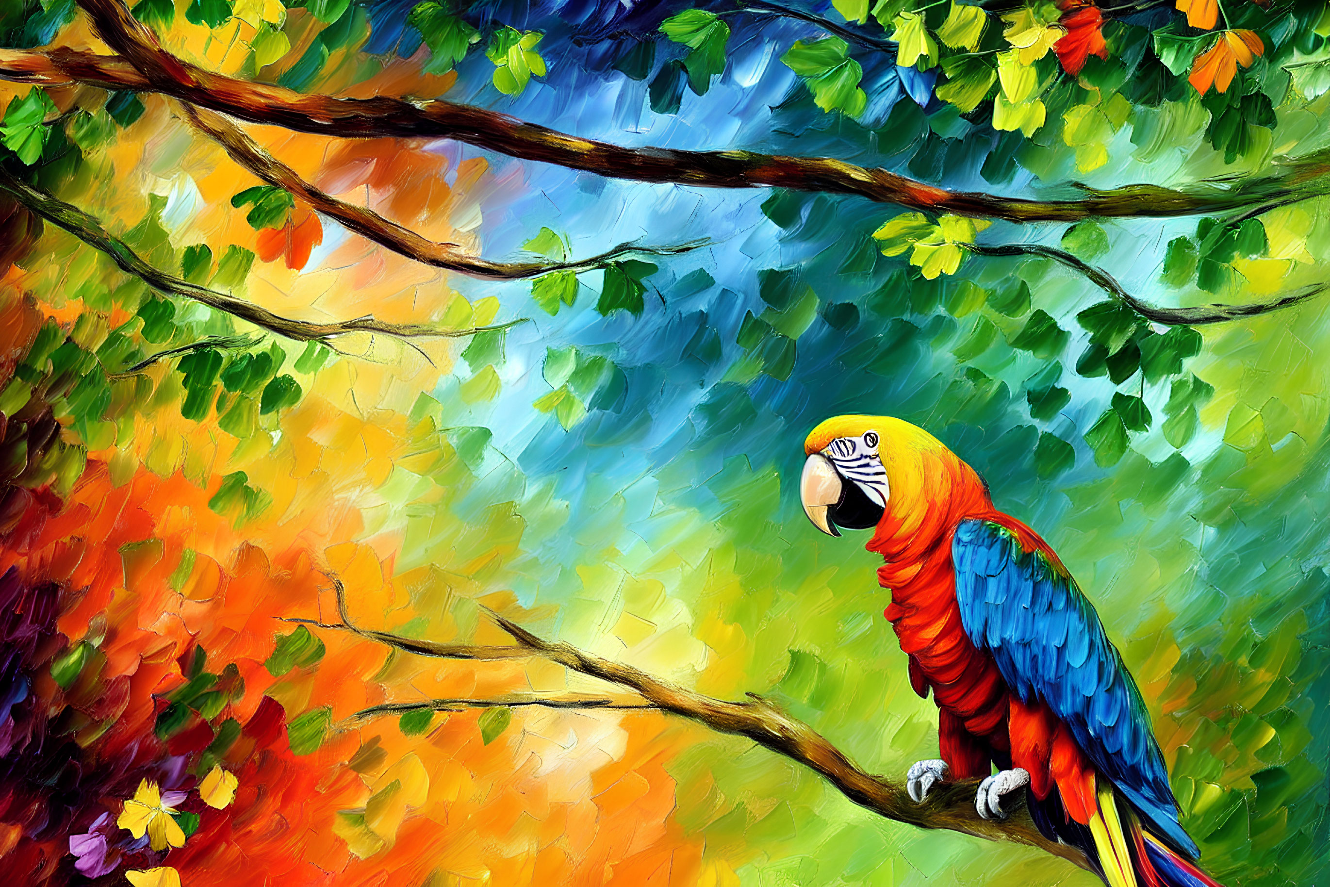 Colorful Parrot Perched on Branch Amid Abstract Foliage