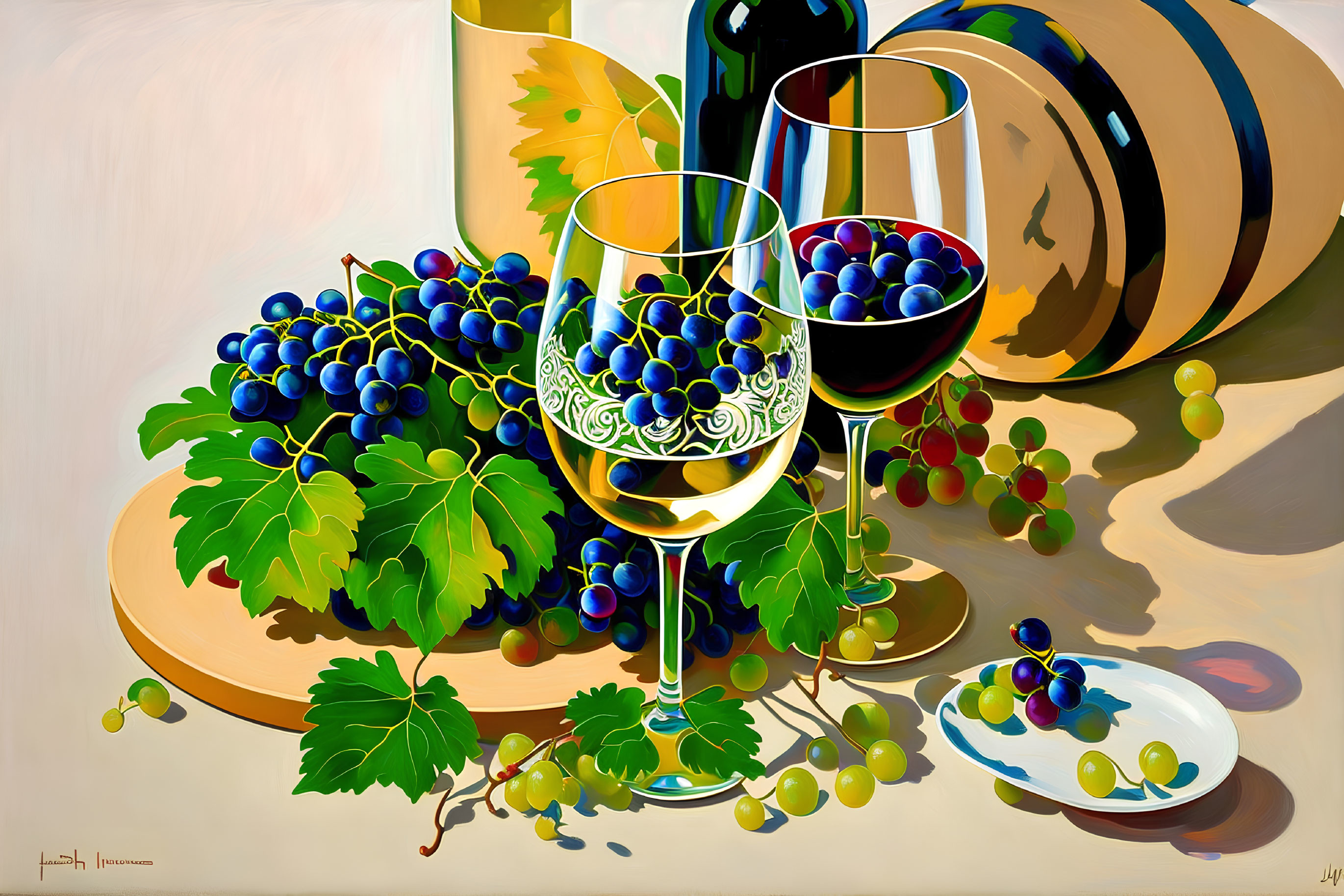 Colorful Still-Life Painting with Wine Barrel, Glasses, Grapes, and Bottle