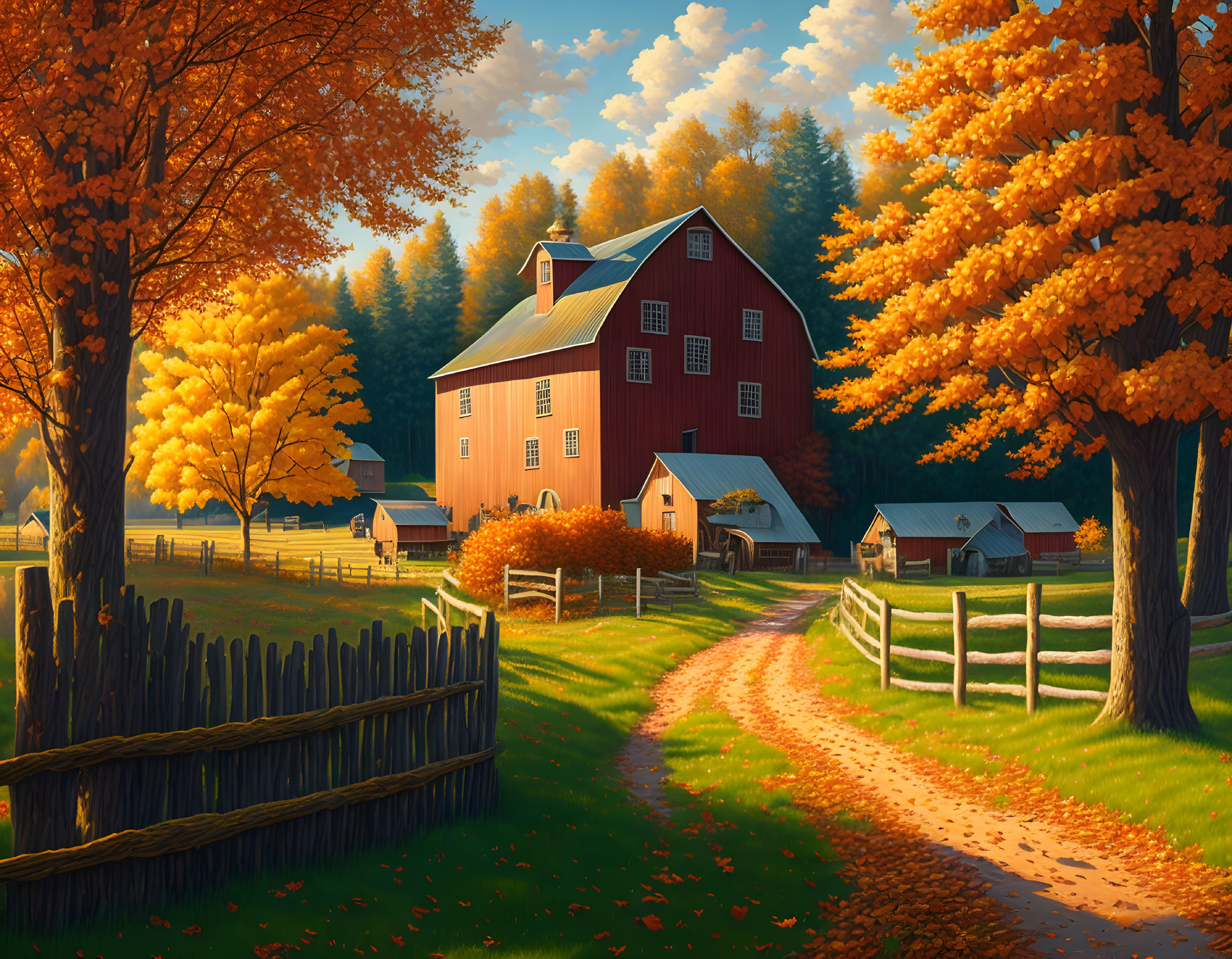 Red barn, golden foliage, winding path: picturesque autumn scene