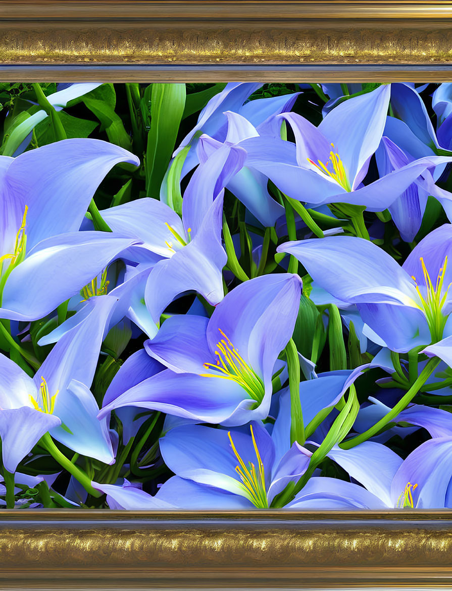 Vibrant Blue Flowers with Yellow Stamens in Golden Frame