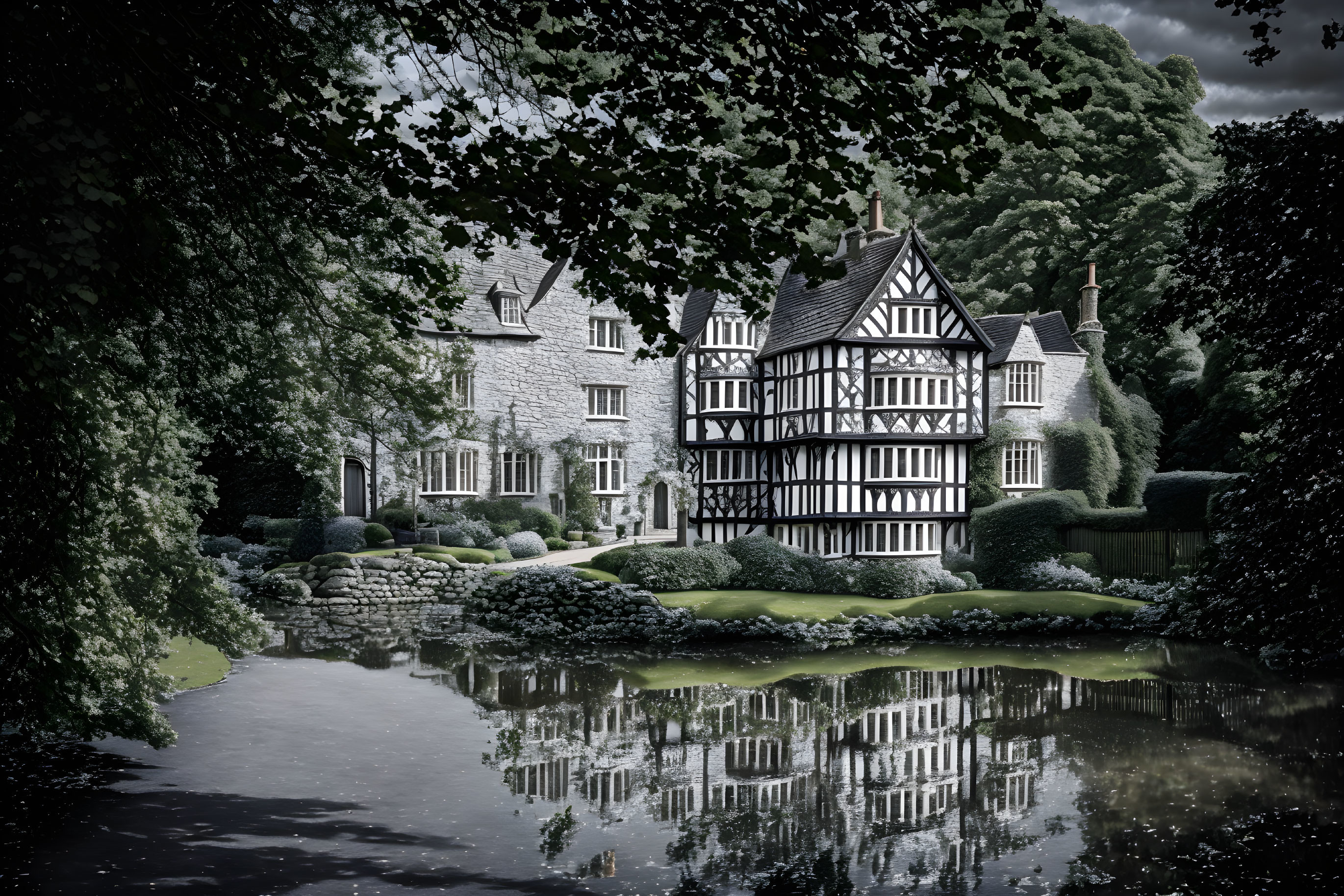 Black and white historic house, Cheshire, England