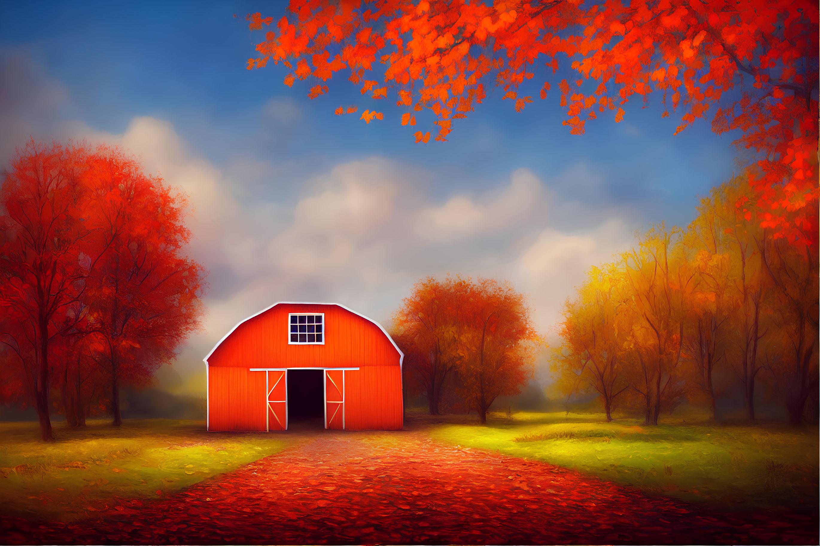 Colorful Autumn Scene: Red Barn, Vibrant Trees, Soft Sky