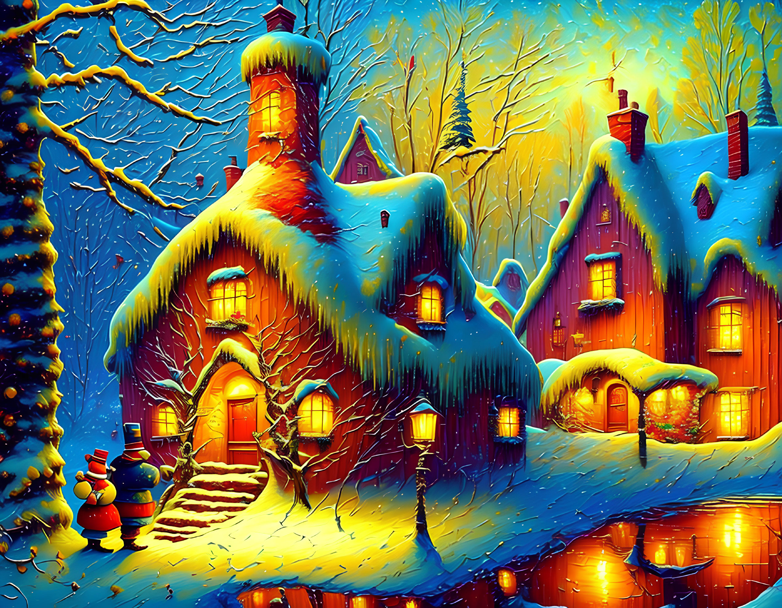 Winter Scene with Snow-Covered Cottages and Snowman in Twilight Sky