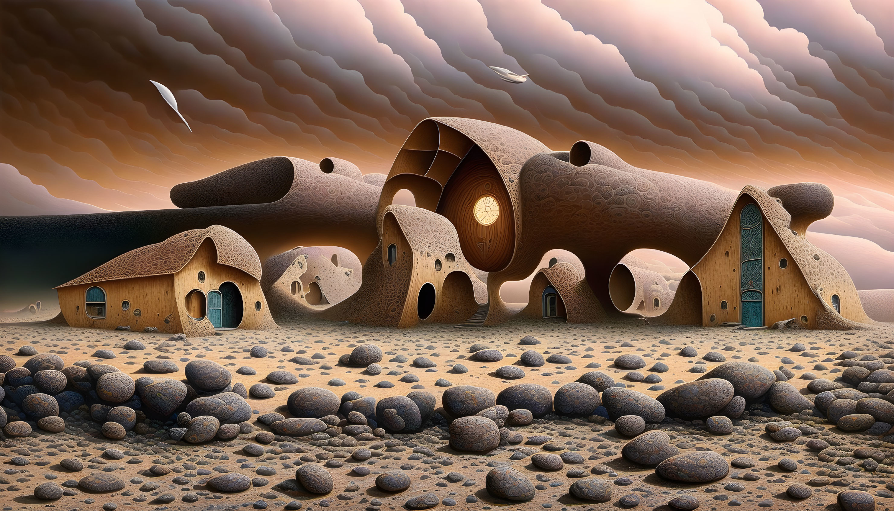 Whimsical surreal artwork: organic-shaped houses on desert landscape