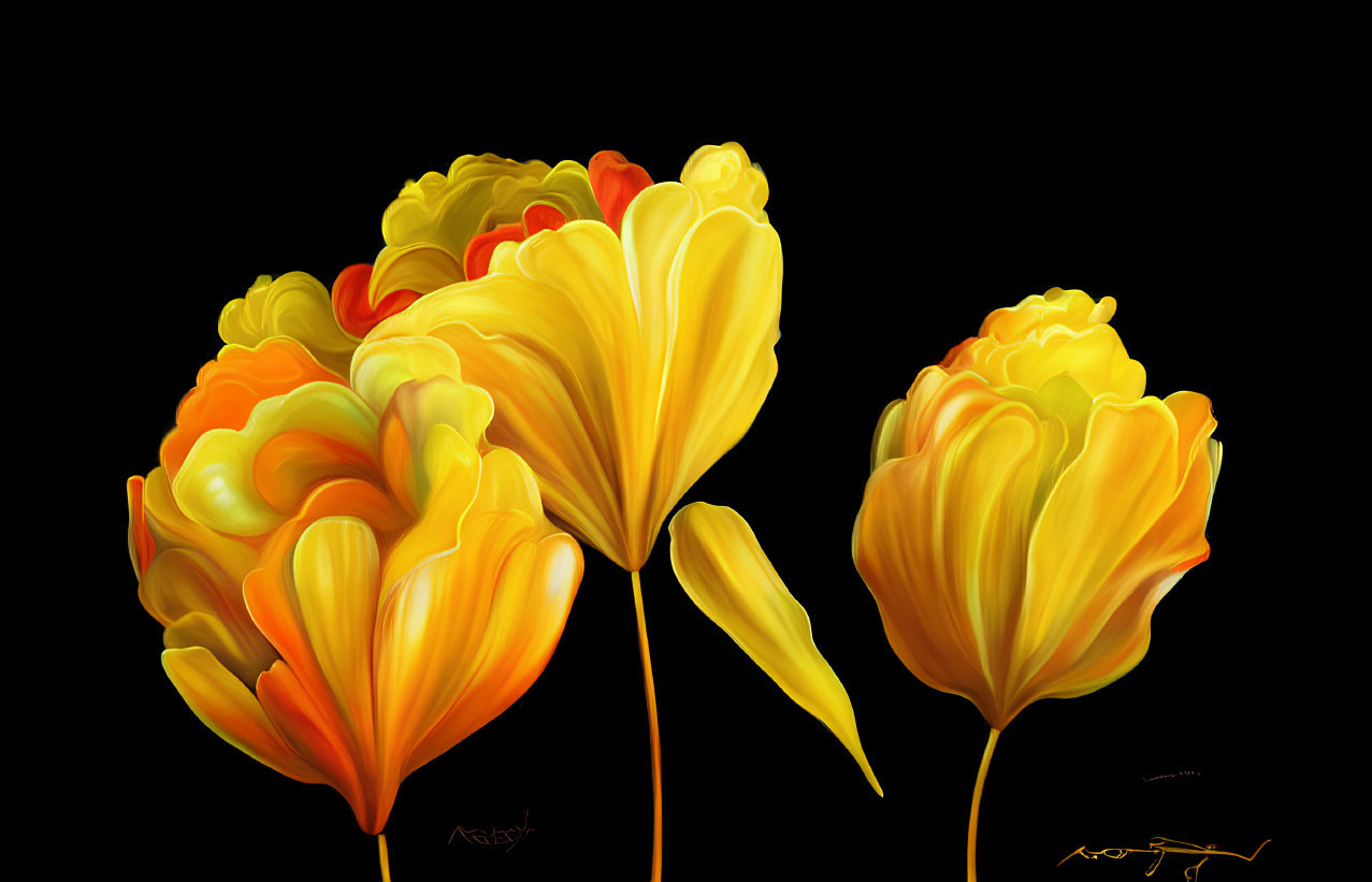 Stylized yellow and orange tulips in vibrant digital painting