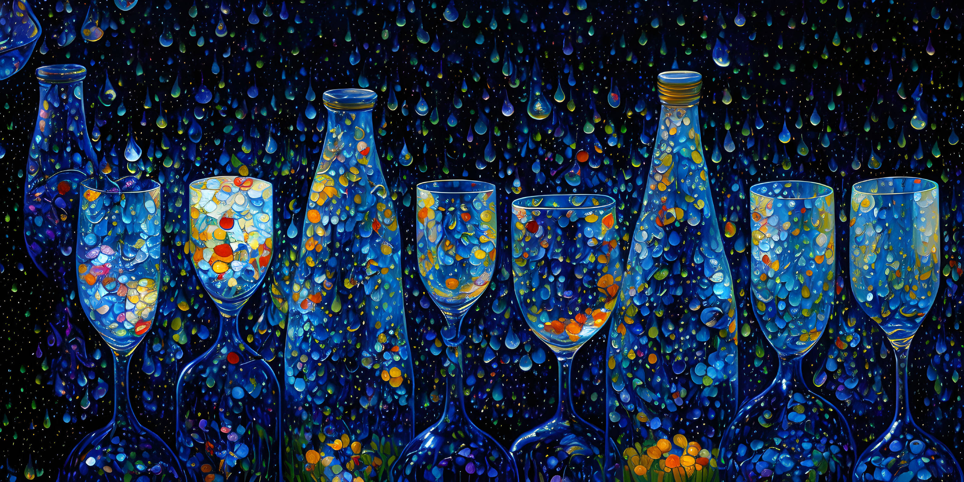 Glasses and bottles in the rain