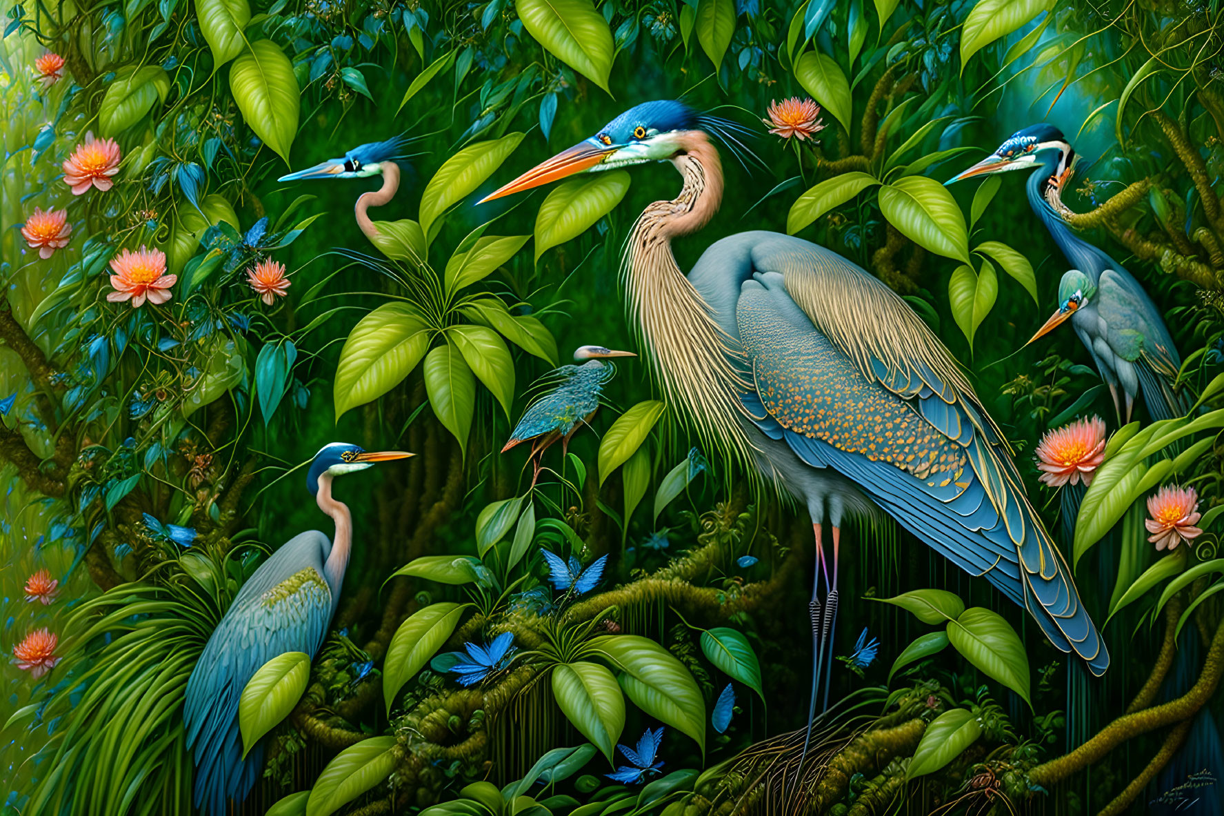 Detailed Herons Painting Among Green Foliage and Pink Flowers