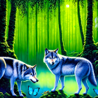 Stylized blue foxes in vibrant forest with glowing sun