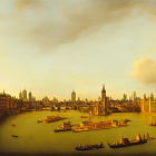 Historical London Panoramic Oil Painting with River Thames & Old Buildings