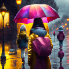 Colorful Umbrella Group Walking on Wet Street in Rainy Twilight