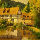 Half-Timbered House in Green Forest with Water Reflections