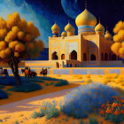 Artwork of figures near golden-domed palace in serene setting