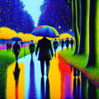 People with umbrellas walking on rain-soaked path among colorful trees and street lamps under twilight sky.
