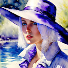 Digital artwork: Woman with blue eyes in wide-brimmed hat against watercolor nature backdrop