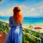 Red-haired woman in blue dress on balcony overlooking sunny beach, sea, umbrellas, and greenery