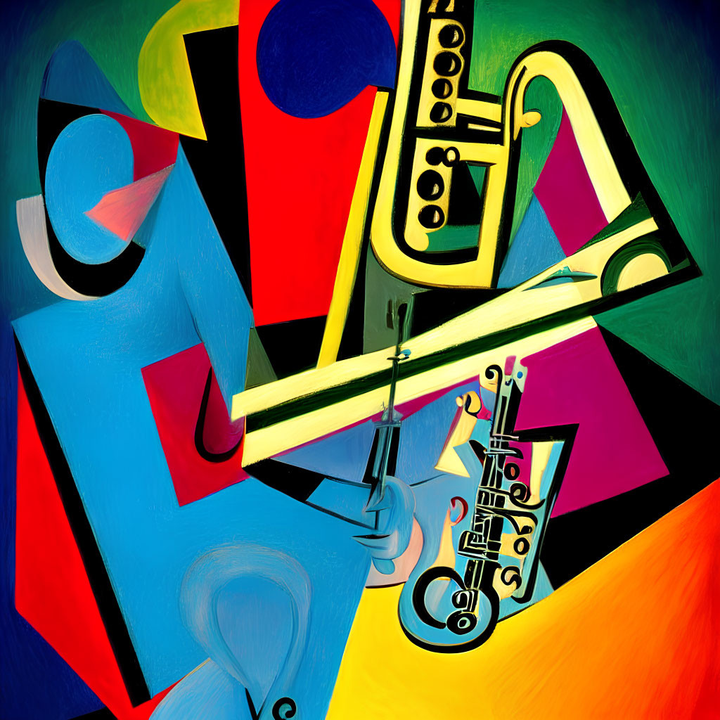 Vibrant Abstract Painting with Musical Instruments and Geometric Shapes