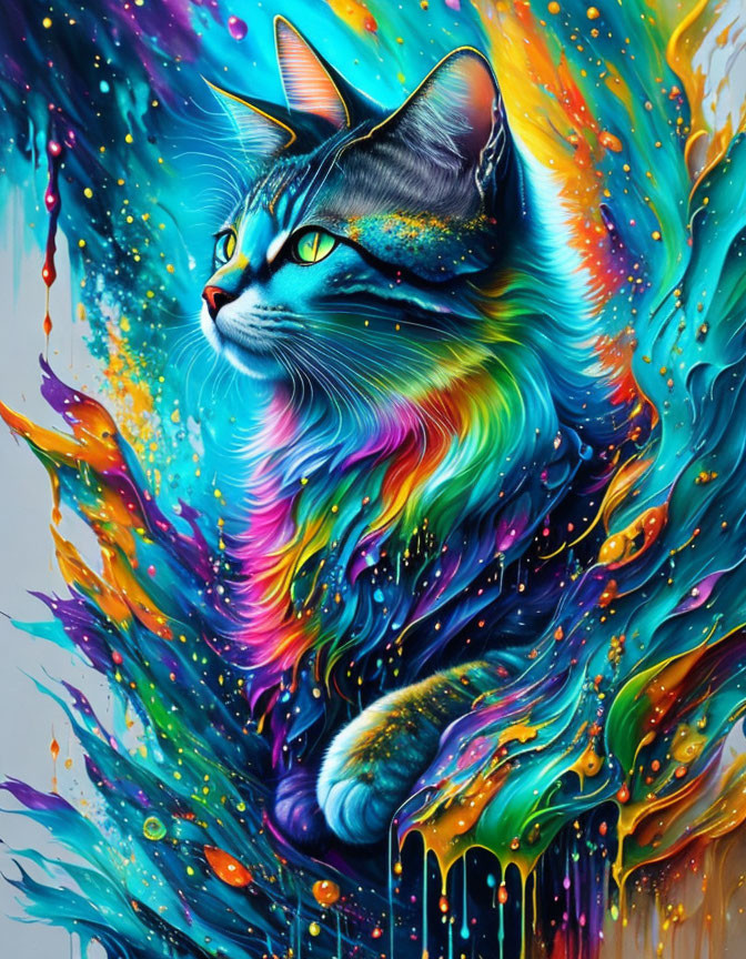 Colorful Psychedelic Cat Art with Neon Hues & Melting Effect