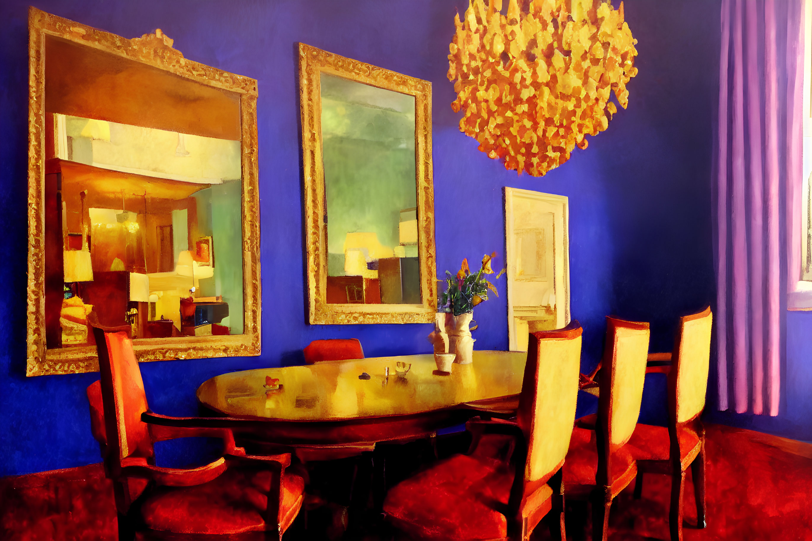 Sophisticated dining room with wooden table, gold-framed mirrors, chandelier, and blue walls