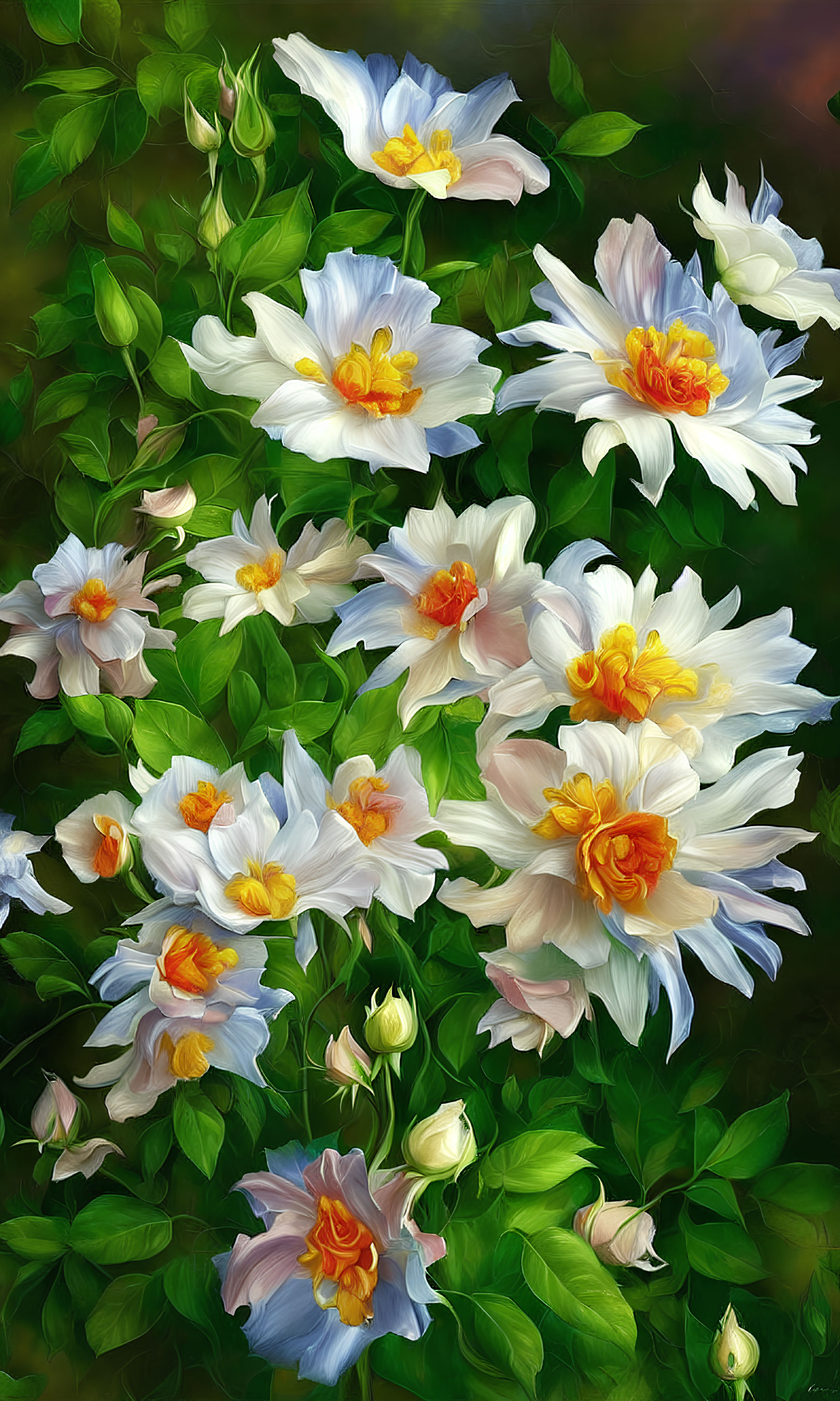 White Flowers with Yellow Centers and Green Leaves Displayed
